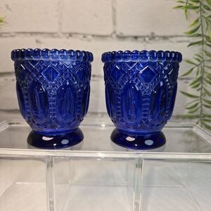 KOYAL VINTAGE COBALT BLUE VOTIVE CANDLE HOLDER SET INTRICATE CUT GLASS